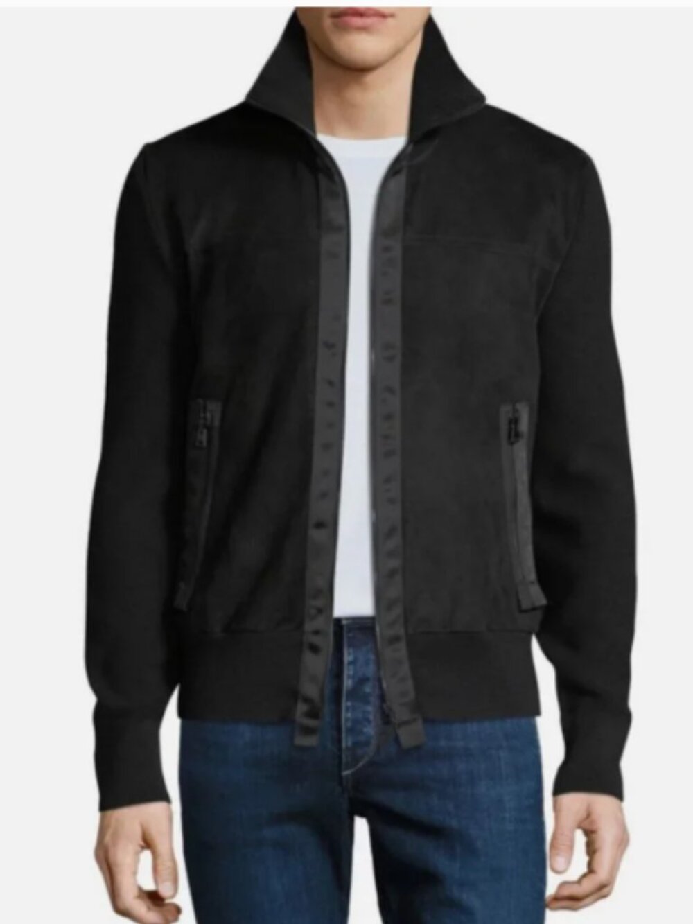 TOM FORD Black Suede Leather / Lana Wool Knit Moto Zip, Italy